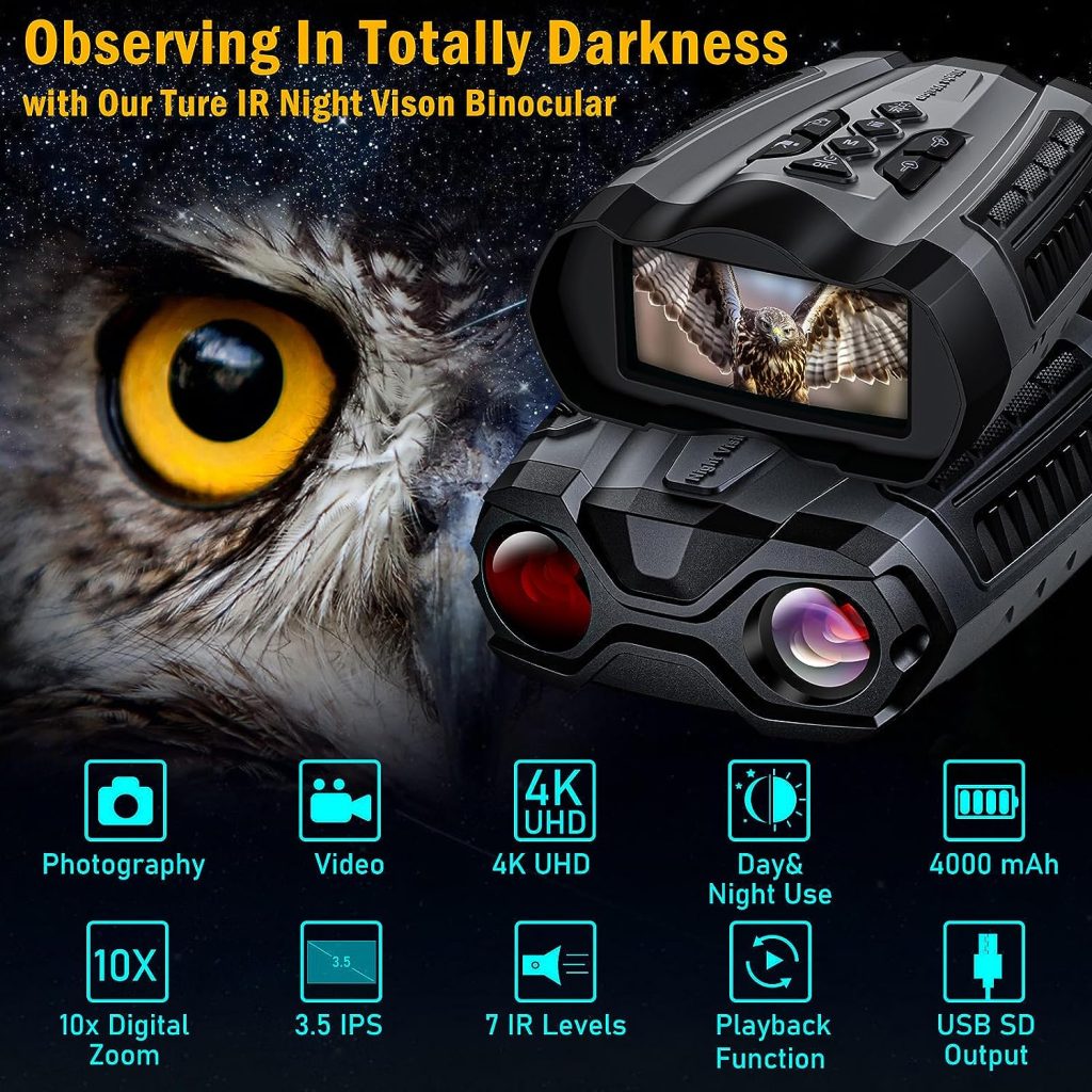 WISHBETY 3.5 Night Vision Goggles, 4K Infrared Digital Binoculars,4000mAH Rechargeable Night-vision Scope for Total Darkness,32GB Card for Photo and Video, 10X Digital Zoom for Hunting Surveillance